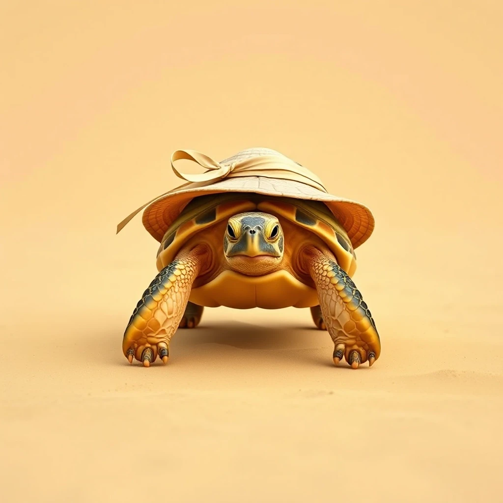 Draw a symmetrical frontal frame in the style of Wes Anderson for the A6 format. In the center is a full—length turtle, it walks slowly, on its head is a sand—colored straw…