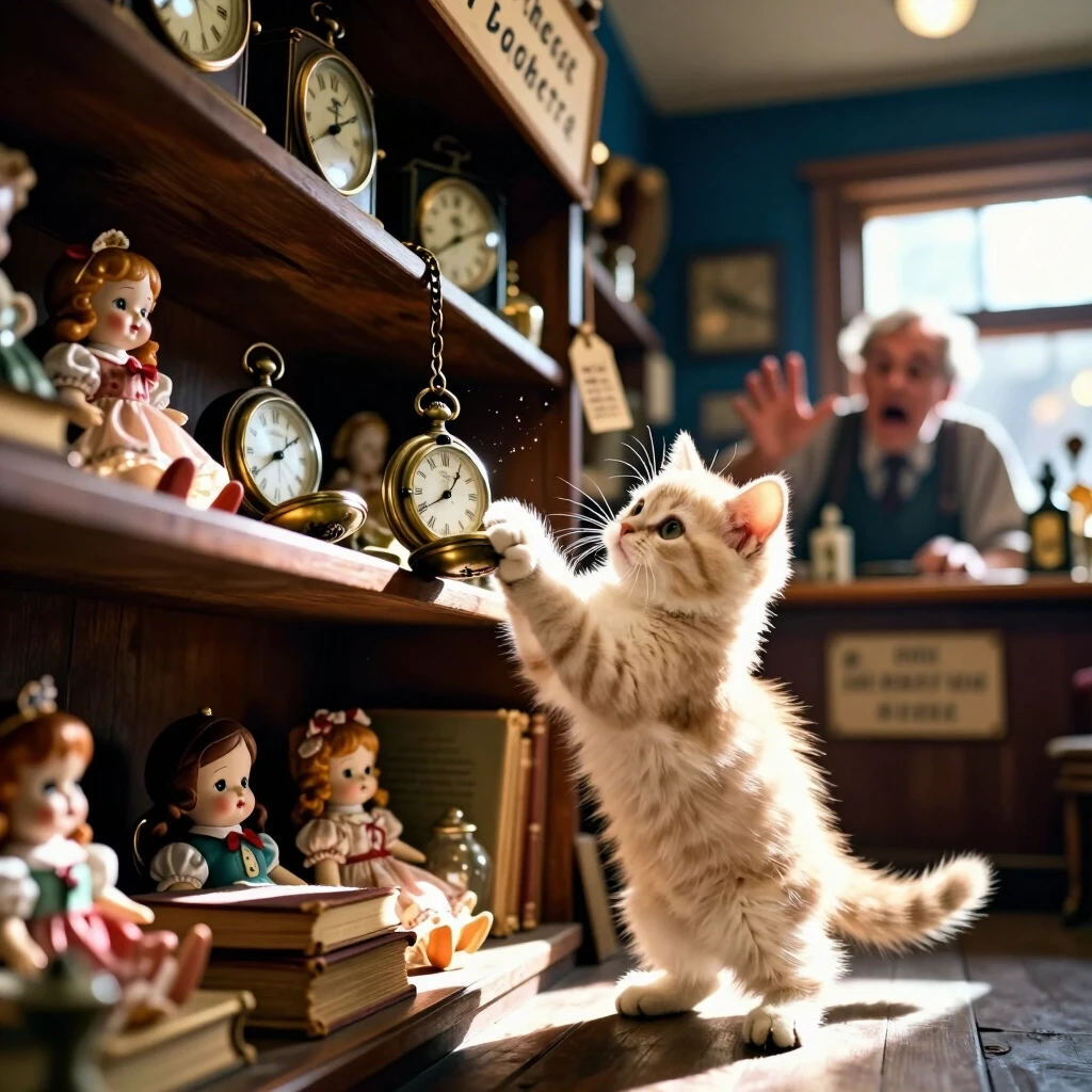 Винтажный магазин, но с магией и юмором (реалистичный стиль) Photorealistic, 8K, cinematic composition. A cozy vintage shop with a worn wooden sign and handwritten price tags.…