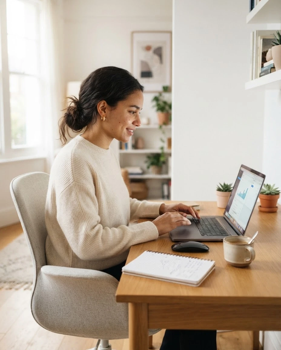 Photorealistic commercial stock photograph of a young professional woman working remotely in a bright minimalist home office, sitting at a laptop beside a notebook and coffee…