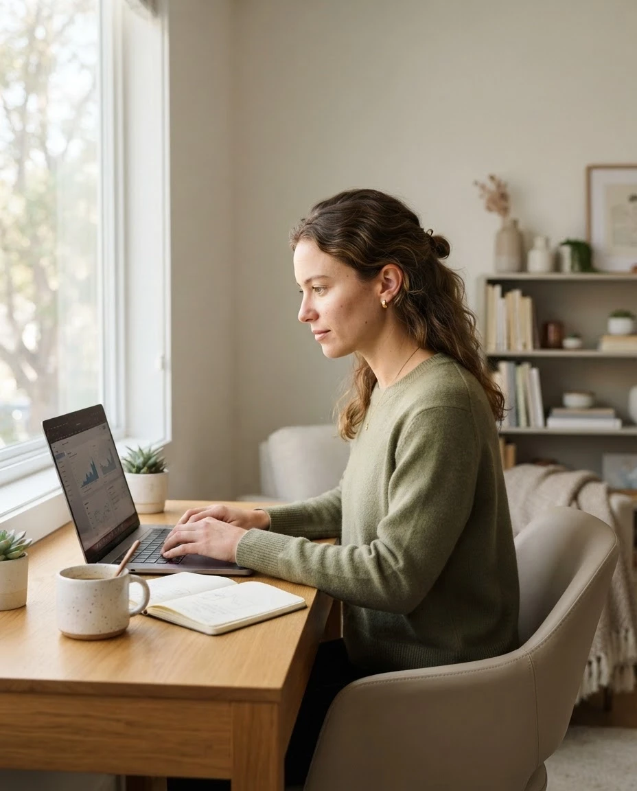Photorealistic commercial stock photograph of a young professional woman working remotely in a bright minimalist home office, sitting at a laptop beside a notebook and coffee…
