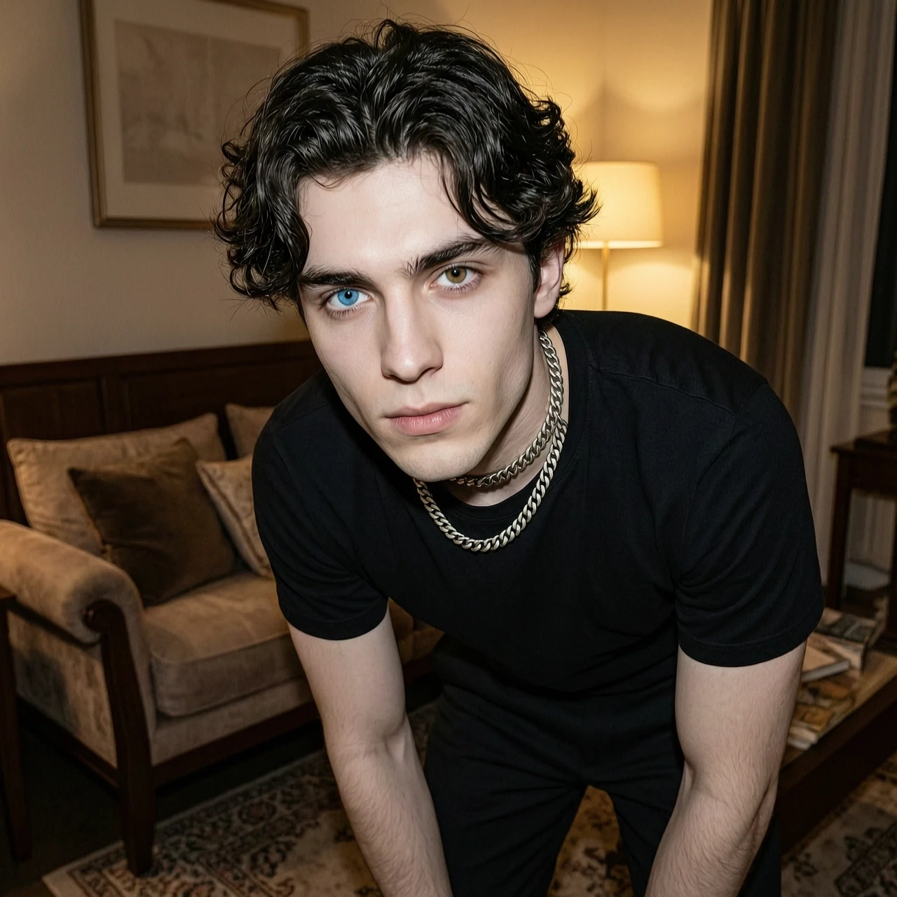 Hyper-realistic photo of a young man with heterochromia (one blue eye, one brown eye) and wavy dark hair, identical to the face in the second reference. He has pale skin,…