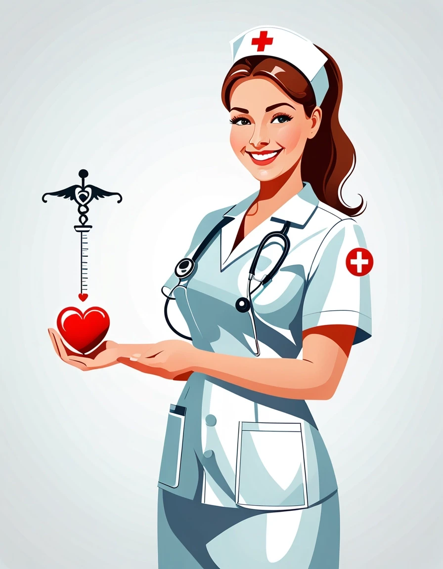 Professional vector graphics on a pristine white background. Nurse smiling, pressure measurement, heart health. — работа пользователя Радужный Чародей