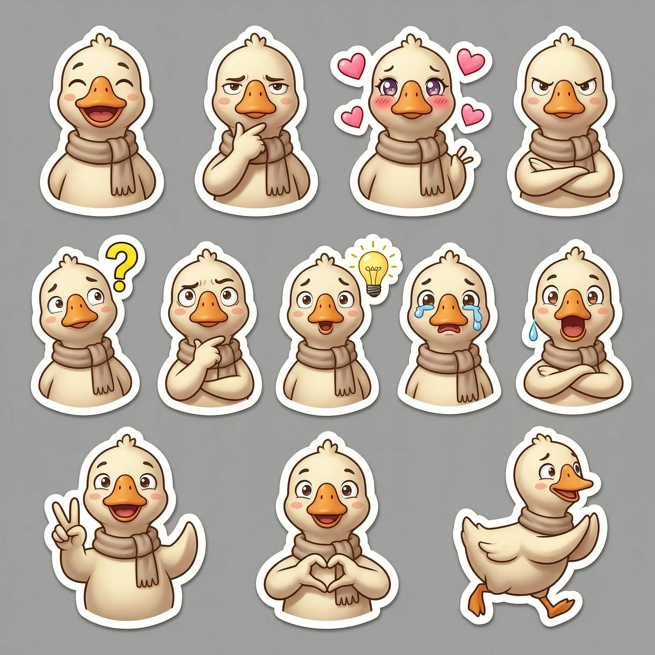 Sticker pack sheet of a cute goose character, 3D cartoon style, high-quality render, C4D, Octane Render. The character has a scarf. The set includes multiple individual stickers…