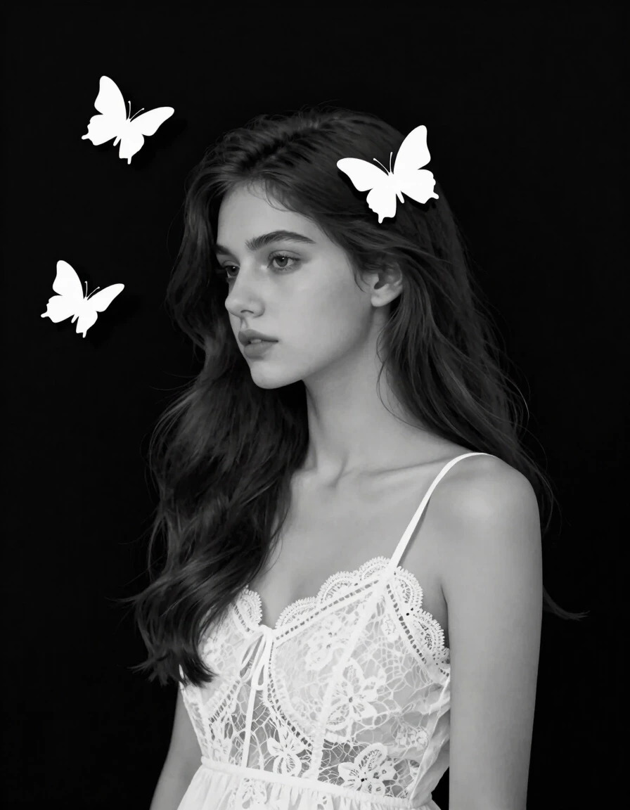 Black and white minimalism, conceptualism, flat painting, pale young beautiful European woman of Slavic type 23 years old, long hair, dark, slightly wavy, fluffy white butterfly…