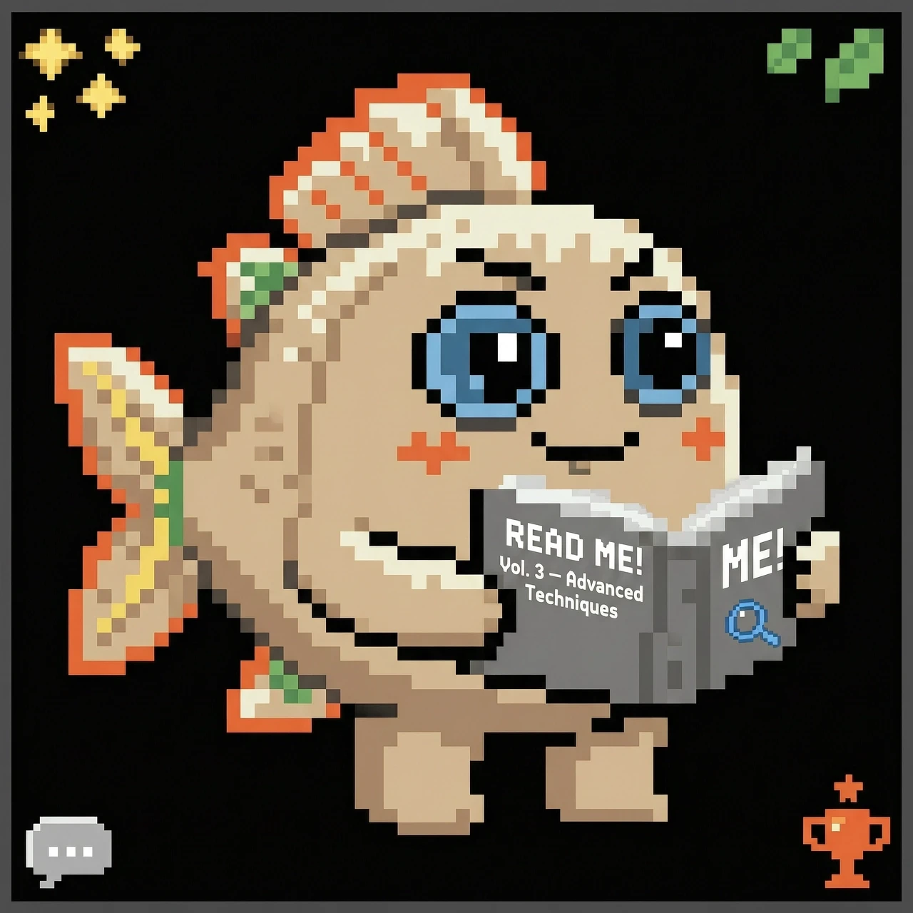Pixel art, retro 16bit style, a fish playful character on a black background, colors бежевый/кремовый (тело) #D4B896, тёмно-бежевый (тень) #A89070, (блик) #F0E8D8, #888888,…