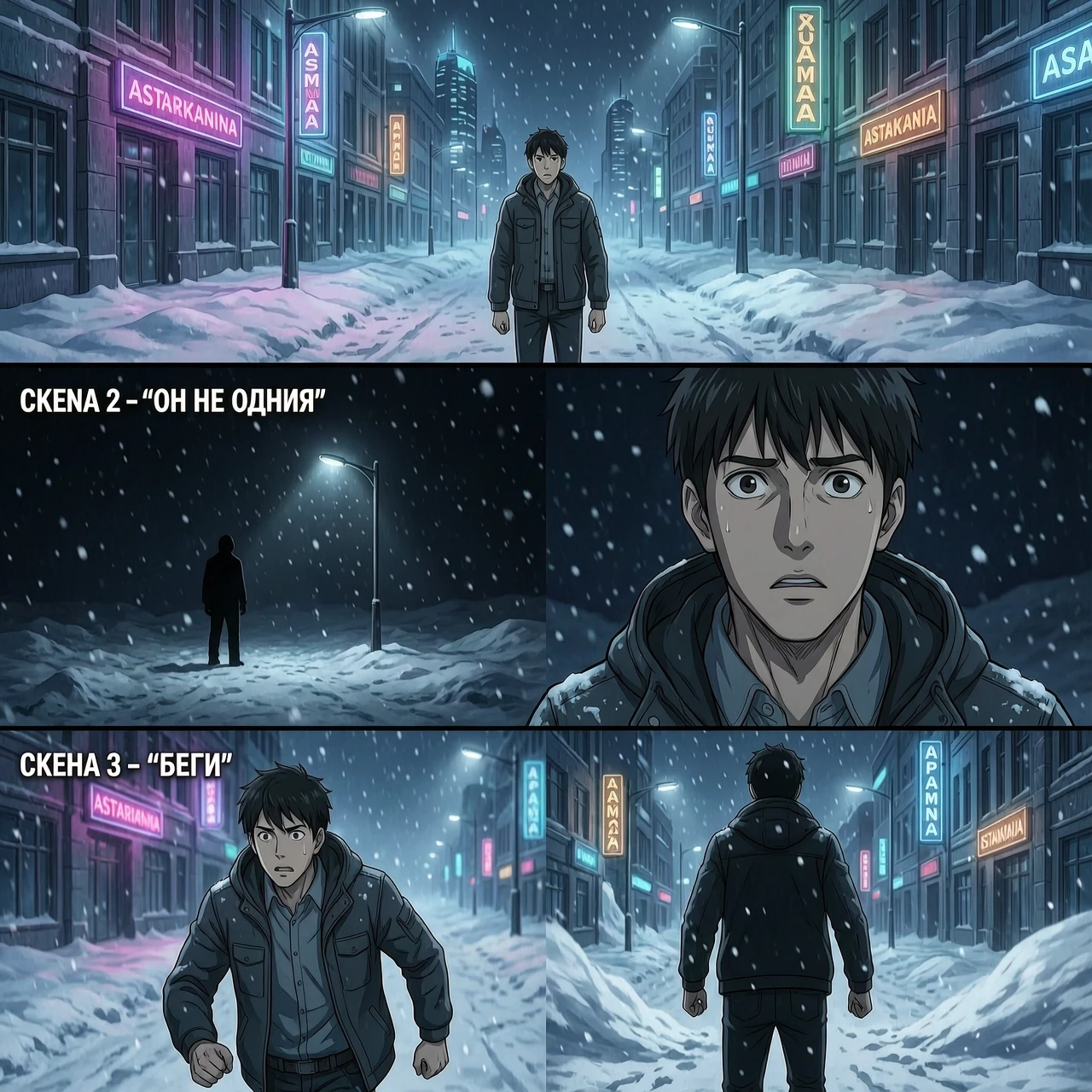 Vertical 9:16, cinematic realistic anime thriller. Nighttime futuristic Astana, Kazakhstan, covered in heavy snow. The camera rushes through a deserted city street at extreme…