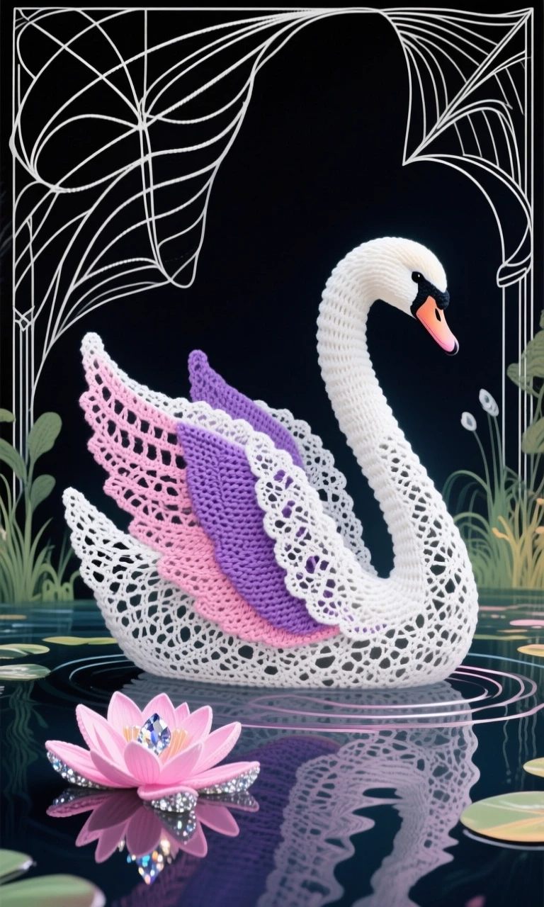 An abstract painting, an intricate and colorful abstract design, a stylized scene. The figure of a white swan, crocheted. Thin white lace patterns. A slight gradient, a shade…
