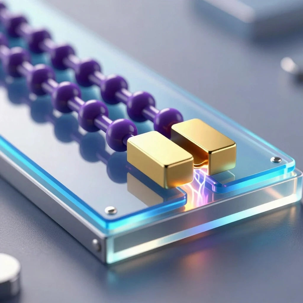 hyper-realistic scientific 3D illustration of a cross-section of an Organic Field-Effect Transistor (OFET) with a bottom-gate and top-contact architecture. Flexible transparent…