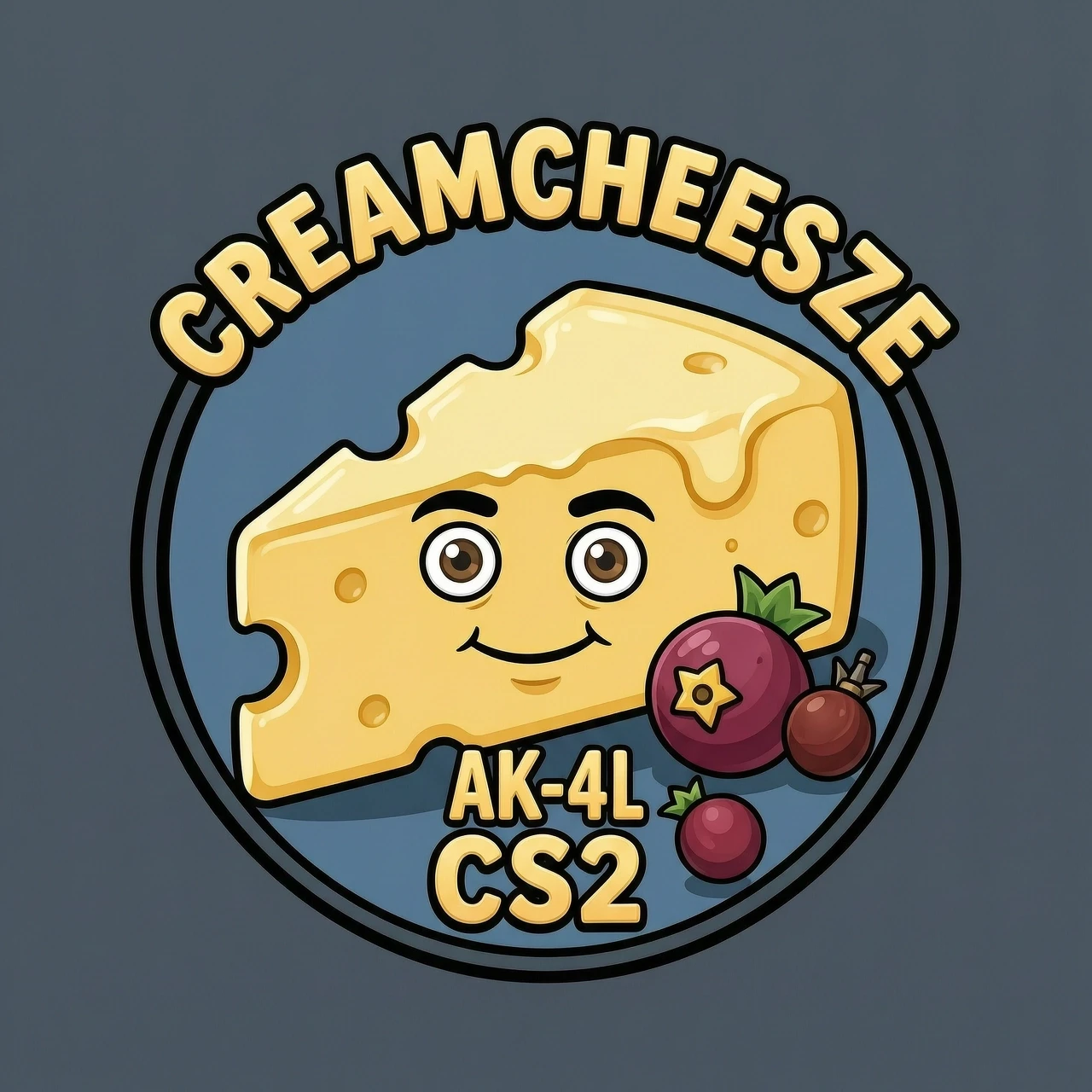 Создай мне аватарку для steam, на которой будет надпись creamcheesze, сам сливочный сыр с лицом, надпись CS2, AK-47, гранаты, m4a1-s — работа пользователя Искристый Эксимер