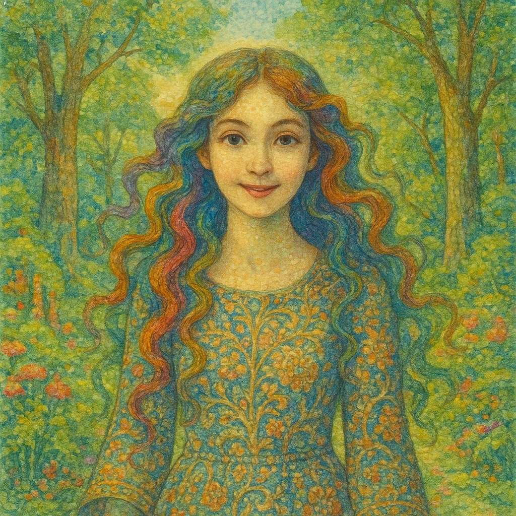 Pointillist art, watercolor, fantasy style. Separate clear strokes in the form of dots. Artist: Georges Seurat. A surreal portrait of an attractive girl, cheerful eyes, long…