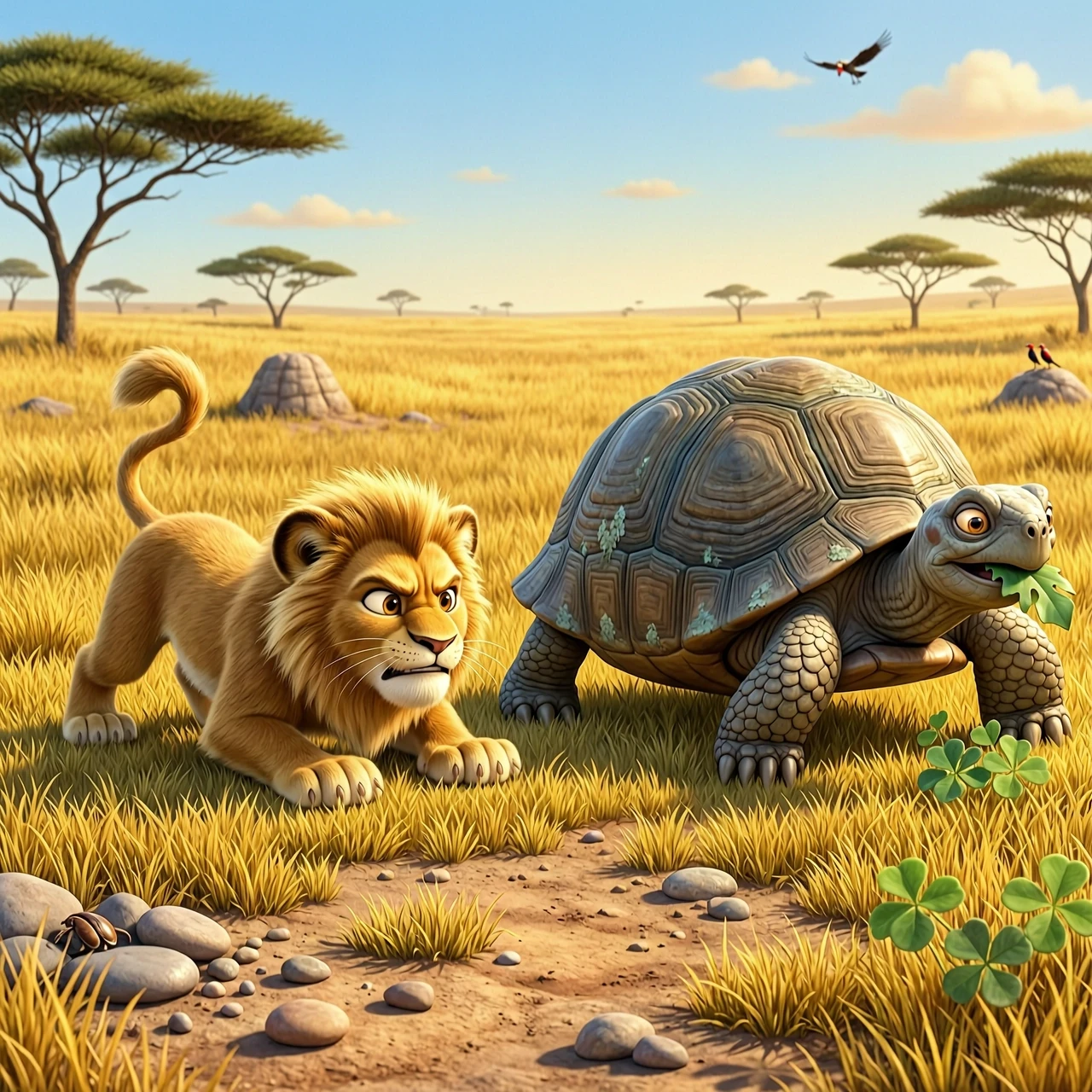 [Object]: A cute fluffy lion cub in a funny hunting crouch, his bottom is wiggling in the air, playful intense expression. In front of him, a large, old, weathered turtle is…