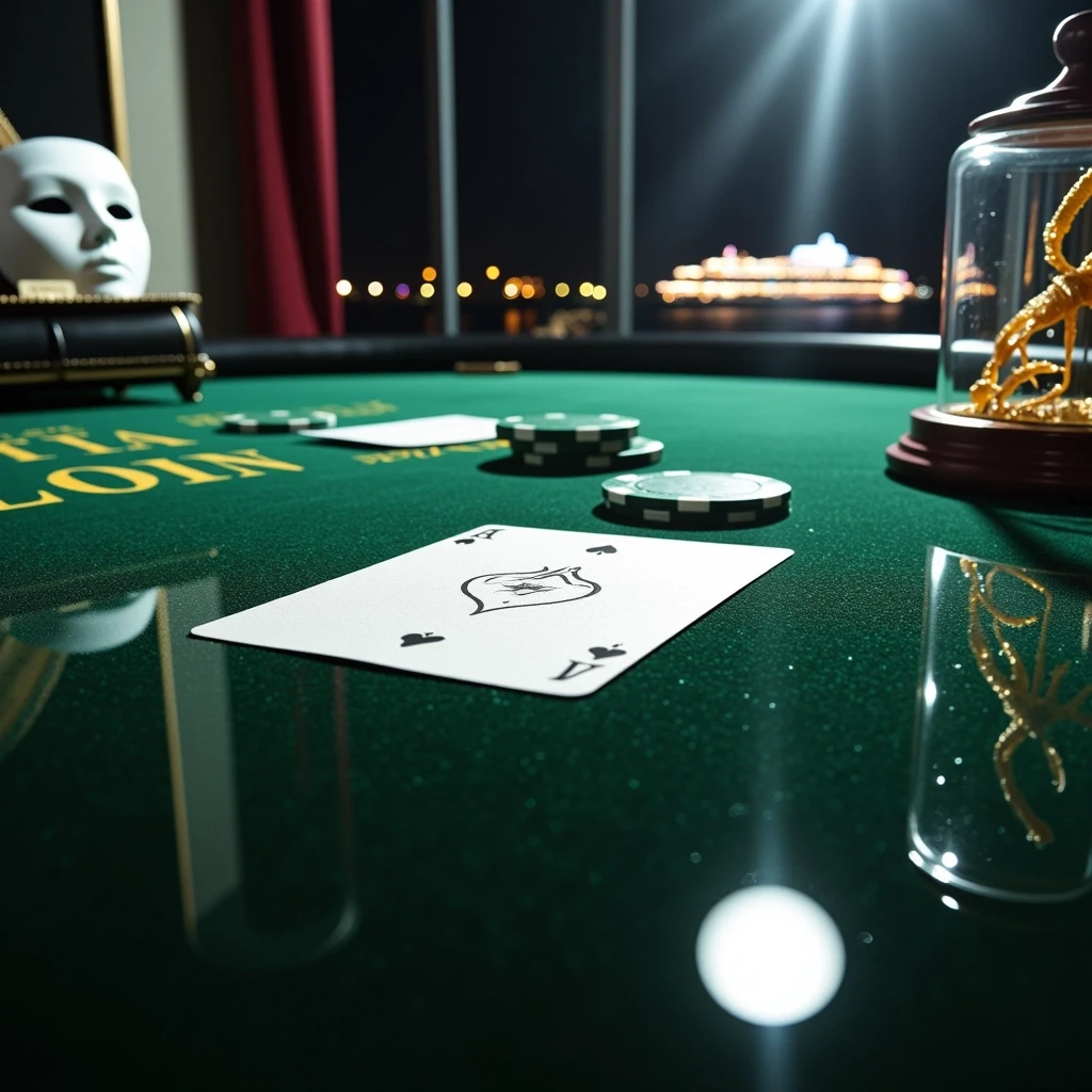 Premium A5 book cover for a detective thriller, vertical orientation. Cinematic realism, hyper-detailed photorealism. Composition: A macro close-up shot of a professional poker…