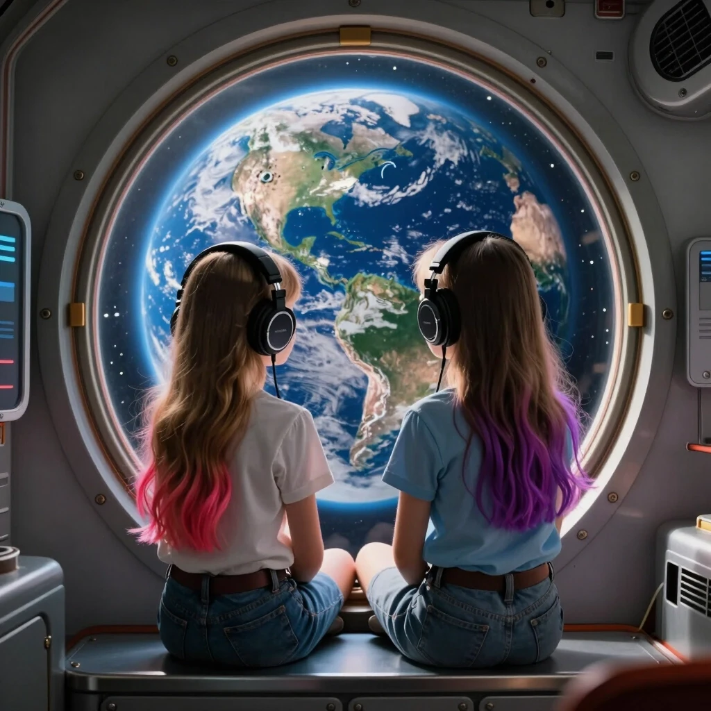 two girls are sitting by the porthole on a spaceship, the earth is visible. The girls are wearing headphones, they have long, multi-colored hair, and they are looking at the…