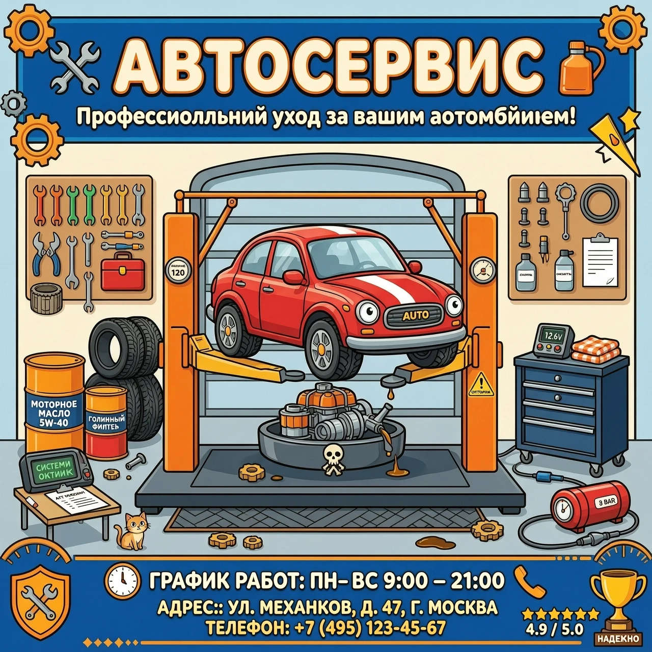 создать мультяшный автосервис, машина на подъемнике, удалить людей, сделать русские надписи — работа пользователя Жемчужный Иней