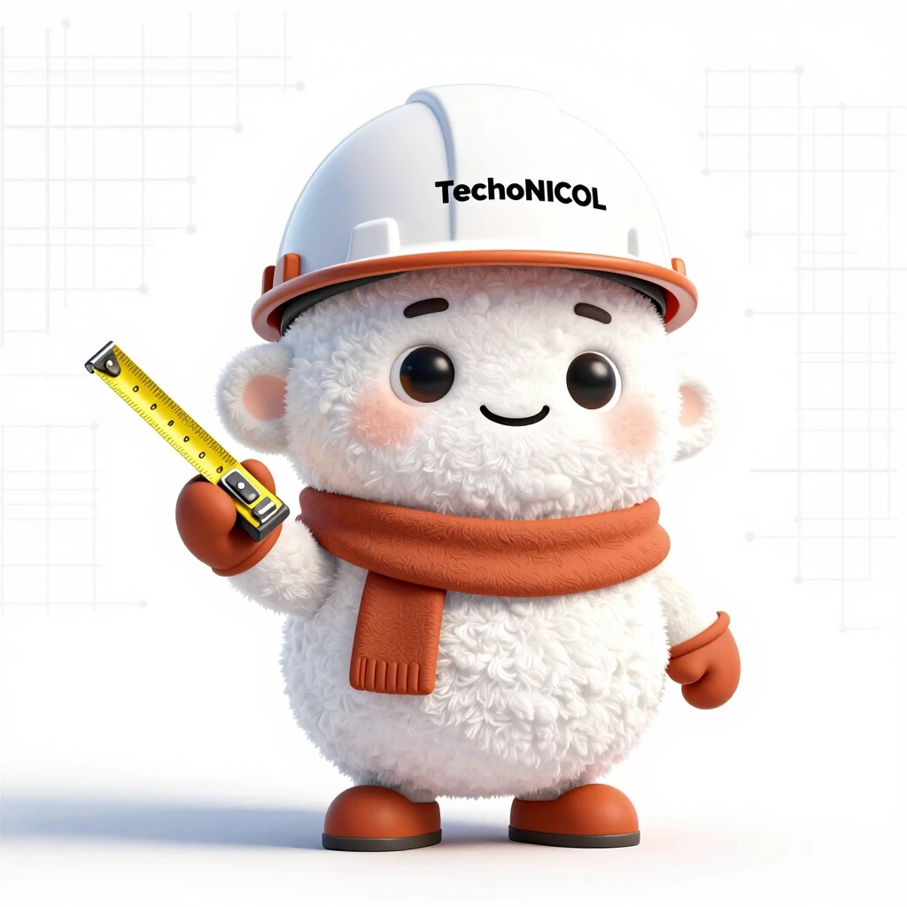 Create a 3D cartoon mascot character for "TechnoNICOL", the brand of construction materials. The character is a cute, fluffy, round creature made of soft white fluffy…