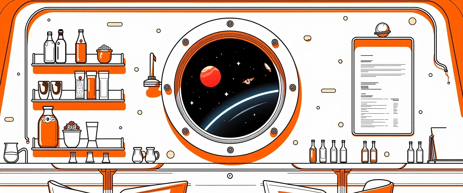 Рисуем заднюю стенку из космического кафе, фронтальный вид. Изобразить иллюминатор с видом на космос и красную планету. Слева от иллюминатора полки с инопланетными напитками.…