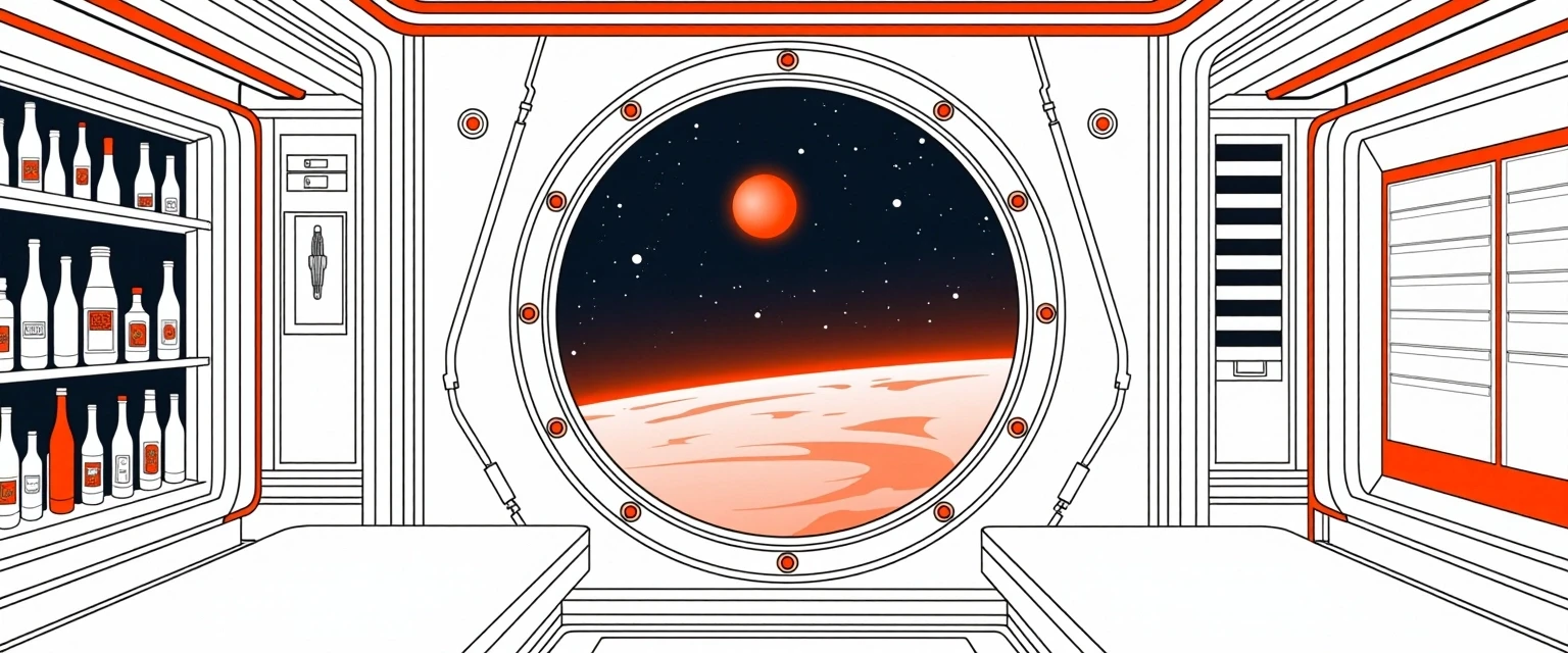 Рисуем заднюю стенку из космического кафе, фронтальный вид. Изобразить иллюминатор с видом на космос и красную планету. Слева от иллюминатора полки с инопланетными напитками.…