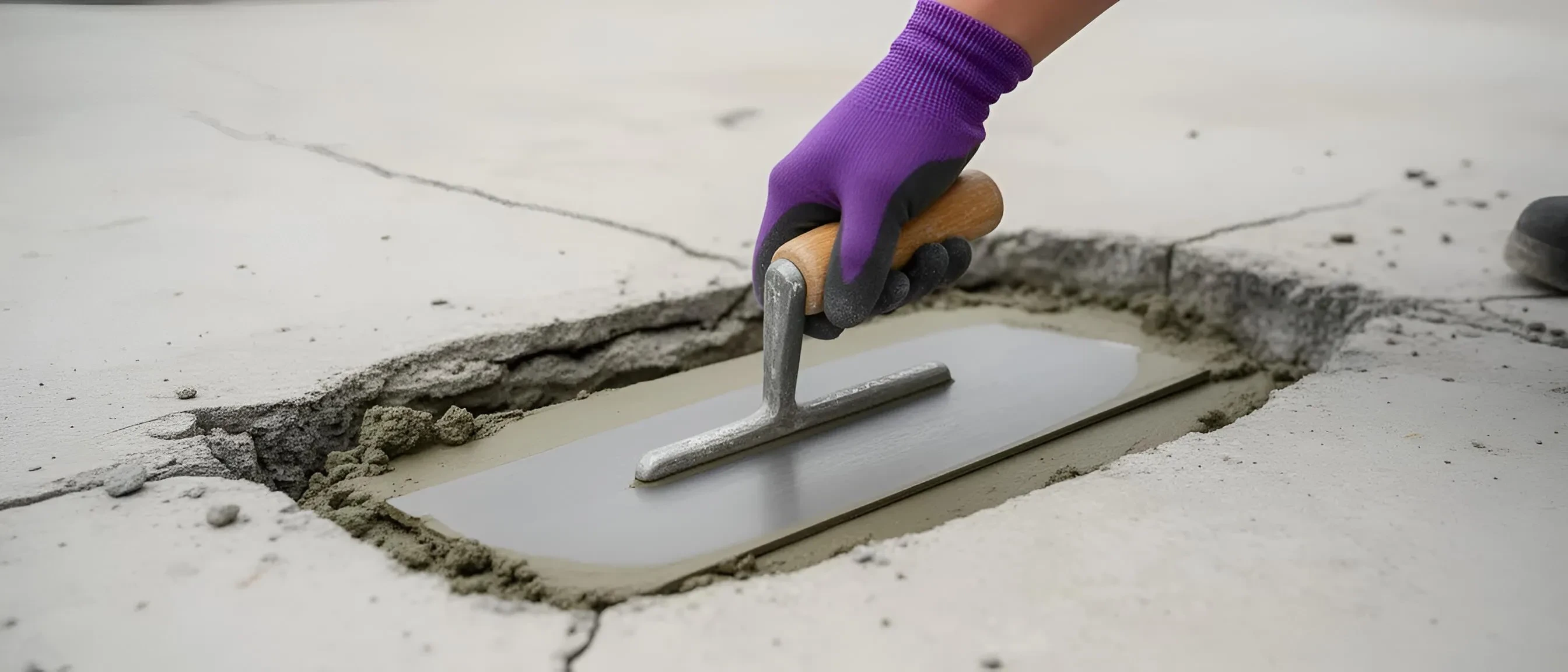 Create a highly realistic photo in high resolution, 4k. The image shows the process of repairing a concrete surface. In the center of the frame is a hand wearing a protective…