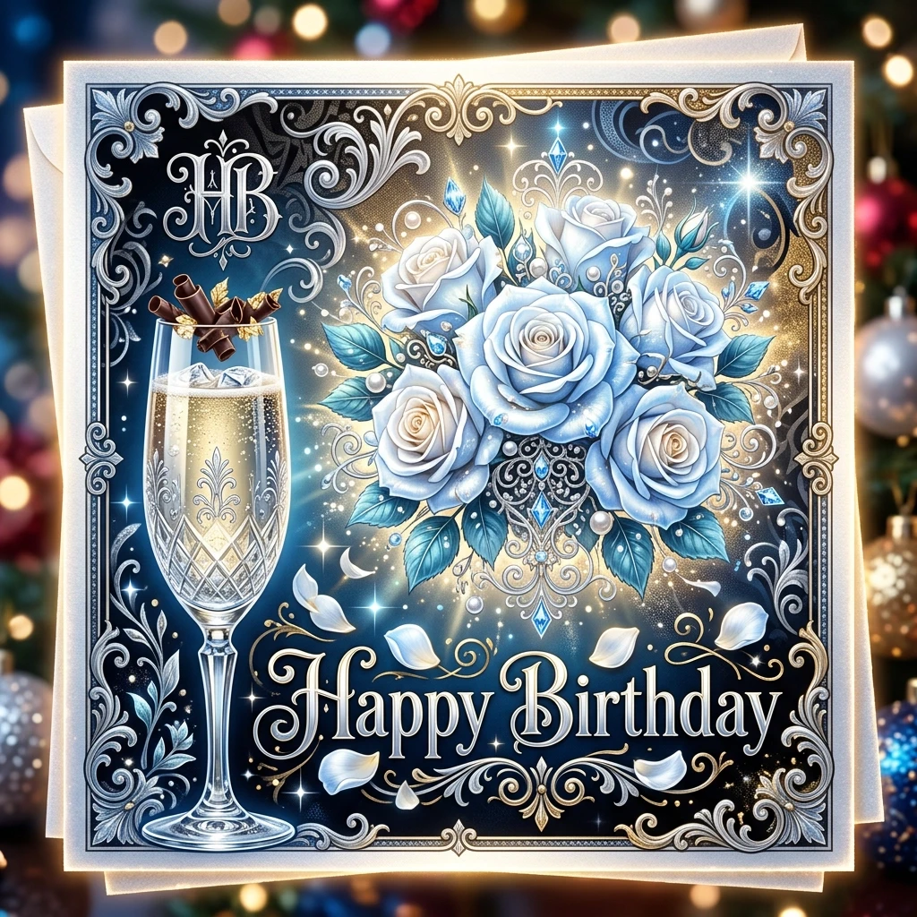 (Crystal tall glass):champagne with ice cubes and chocolate.(Birthday greeting card) Postcard design: blue and black with ((decorated with silver curls, monograms in a summer…
