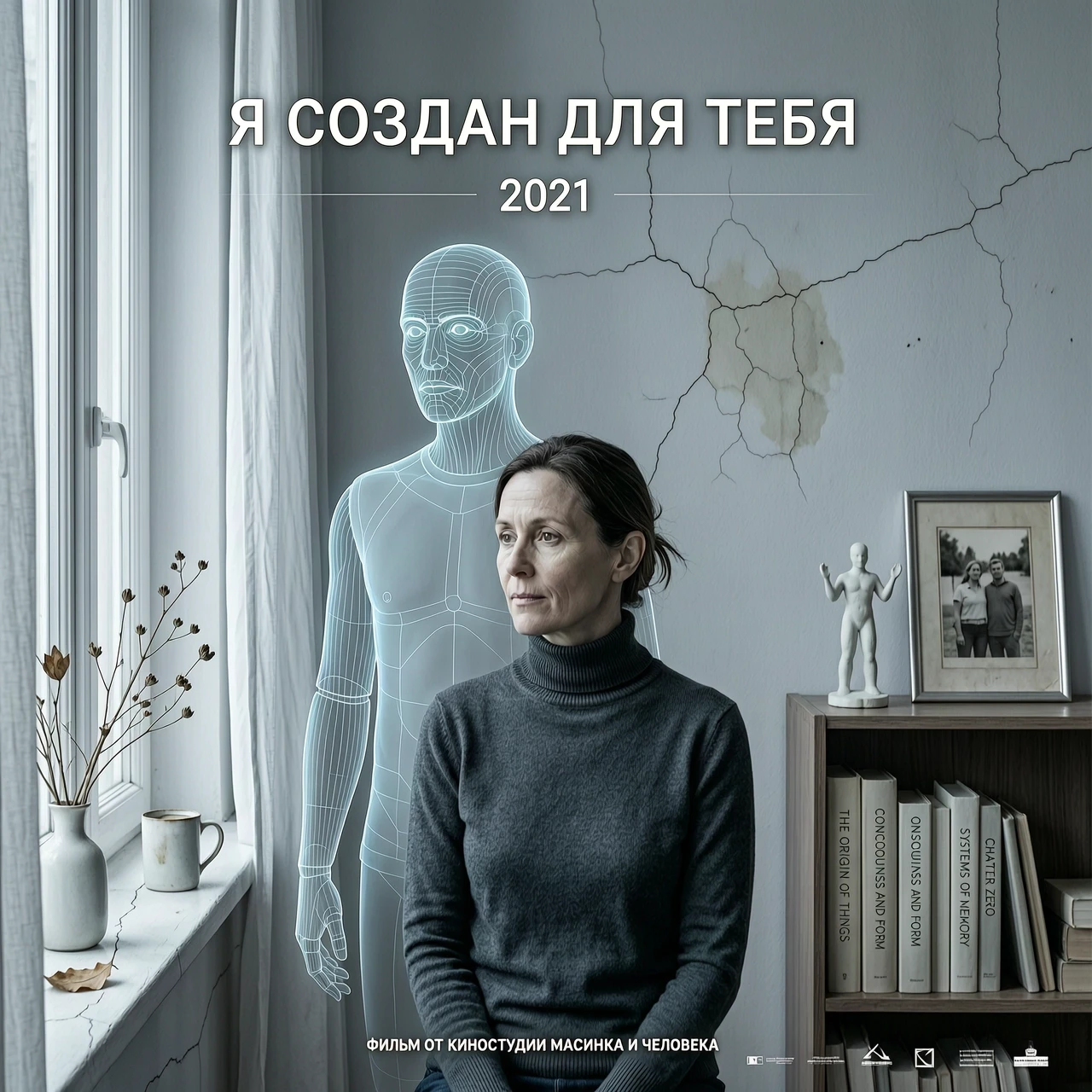 Вертикальный постер фильма, соотношение сторон 2:3, стиль официального кинопостера. На переднем плане — зрелая женщина в тёмно‑сером свитере с высоким горлом, вид в три…