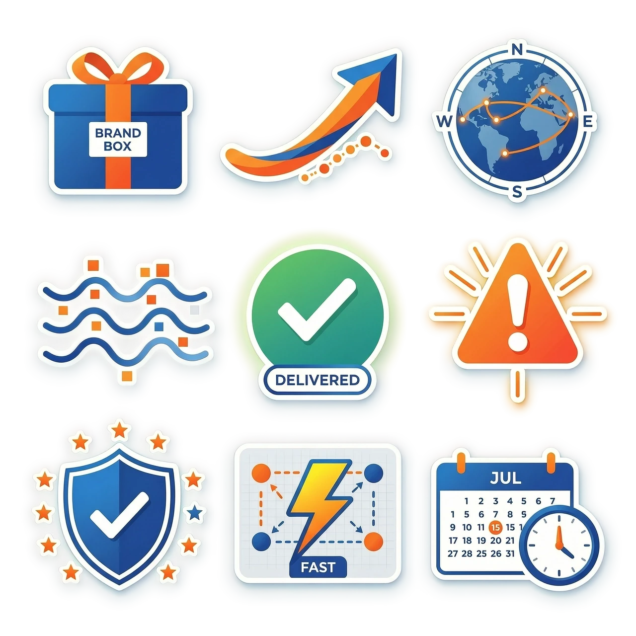 A set of 10 minimalist vector stickers on a transparent background: branded packaging and boxes, dynamic fluid arrows, a globe with orange delivery routes, data streams and…