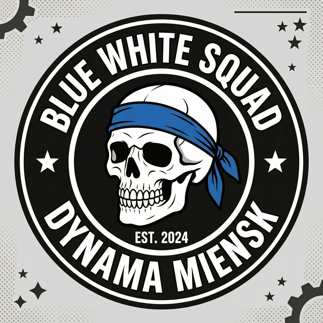 черный круг, в нутри с верху надпись по кругу BLUE WHITE SQUAD с низу по кругу надпись DYNAMA MIENSK по середине белый череп с синей повязкой — работа пользователя Интригующий Маг