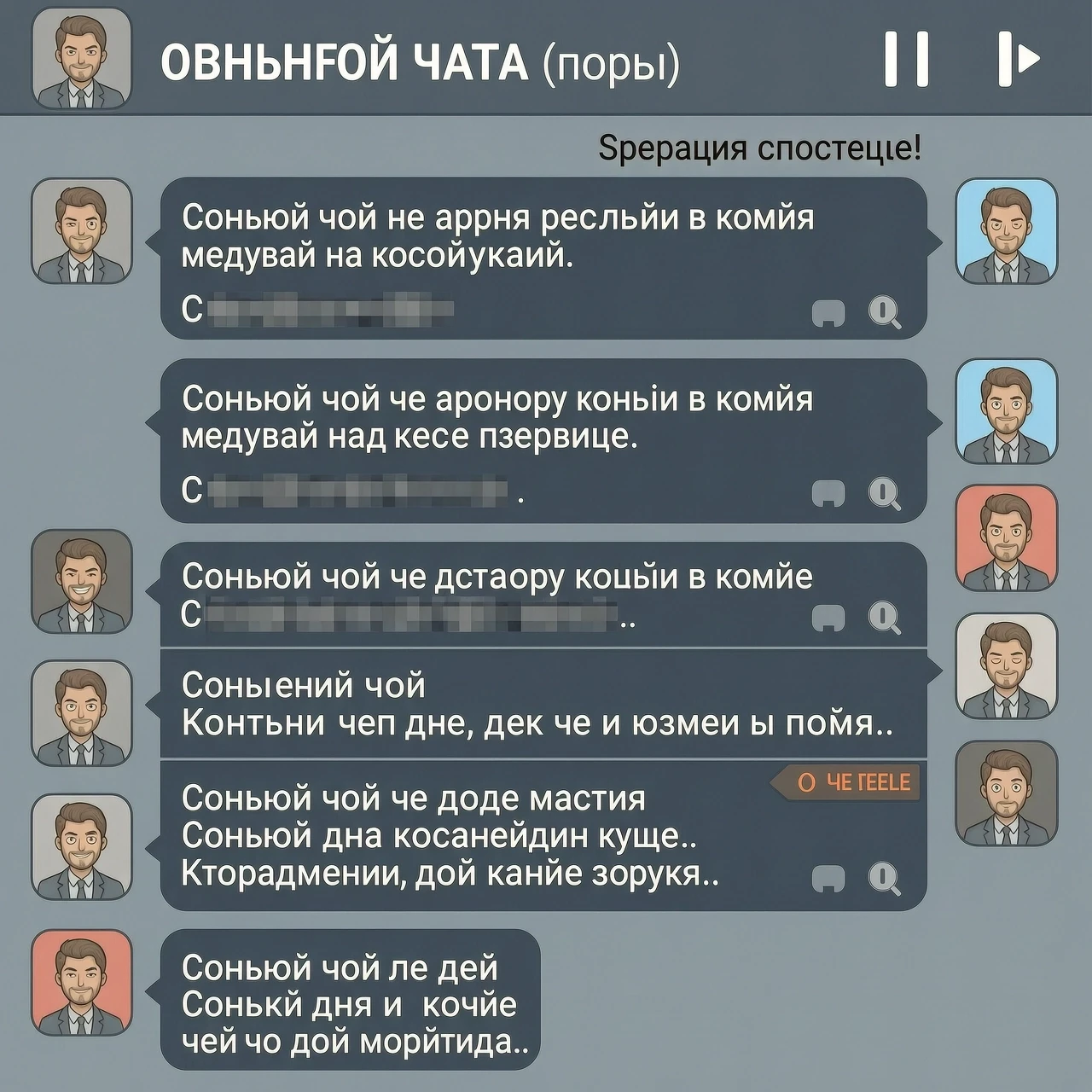 Скриншот (стилизованный, без реальных имён) общего чата. Сообщения с насмешками затемнены, виден только контекст. Рядом — иконка «пауза» или «стоп». — работа пользователя…