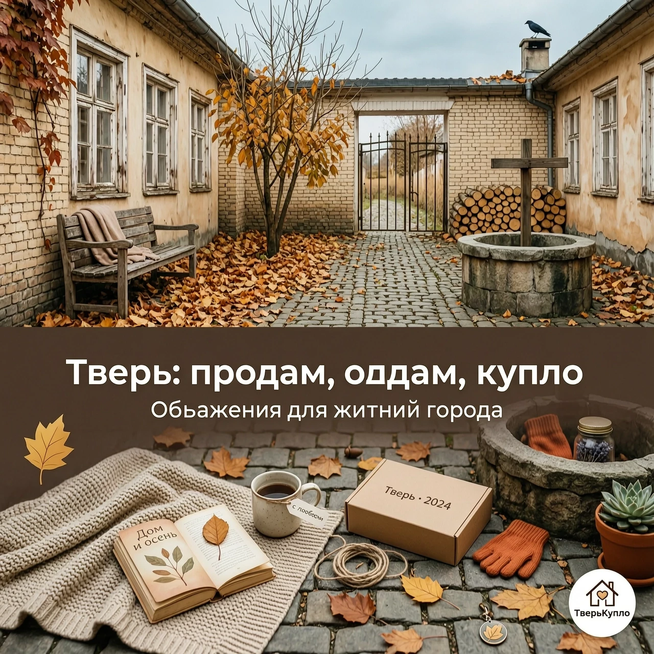 Обложка 1920×748 px в тёплой, уютной стилистике. Фон: вид на уютный дворик Твери, старые дома, осенние листья, мягкий дневной свет. На переднем плане будто разложены вещи: плед,…