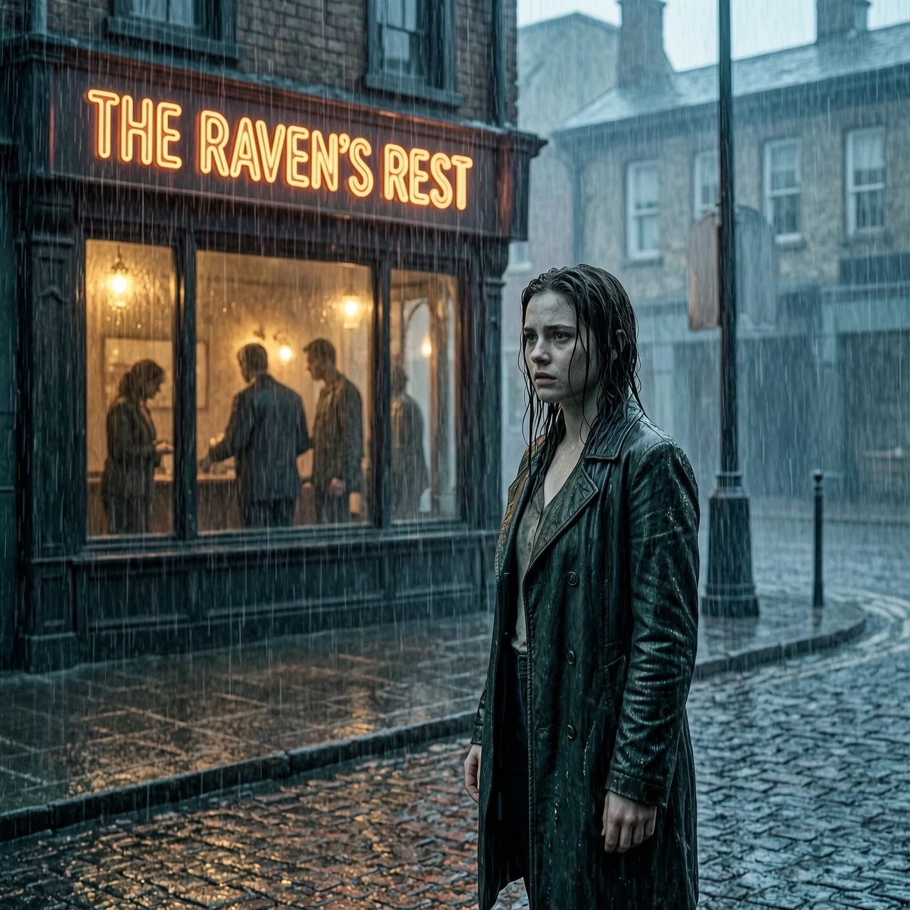 Cinematic shot, 8k, film grain, moody lighting. Mid-distance shot: a young woman stands across the street from a dimly lit bar (“The Raven’s Rest”), rain falling heavily. She’s…