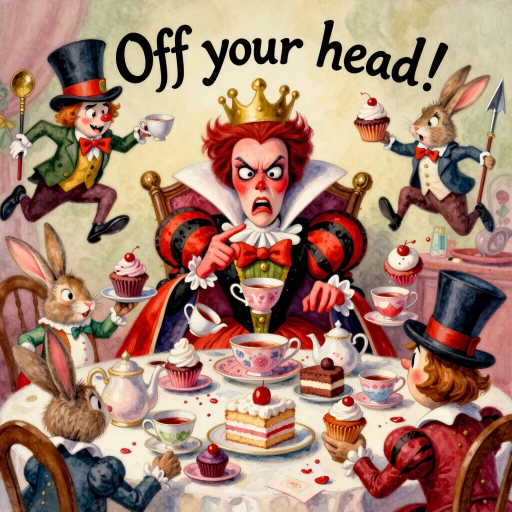 (masterpiece:1.8, acrylic painting:1.5, best quality:1.6, ultra-detailed:1.6). A bizarre and funny image (of the Queen of Hearts), who, sitting at a crazy tea table, angrily…