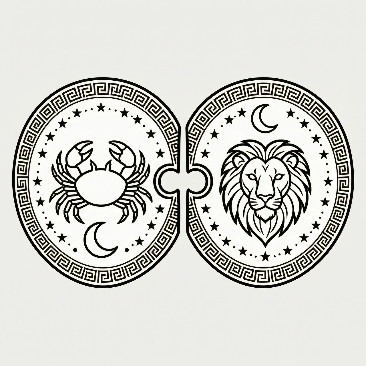 Pair of matching tattoo designs, ancient Greek hoplite shields, two circular shields that fit together like puzzle pieces, left shield: minimalist line art crab (Cancer zodiac)…