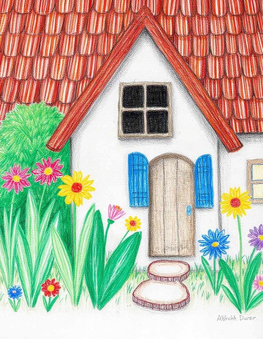 A masterpiece. Creating an image. ((The style is naive graphics in colored pencils. children's drawing of flowers, house, summer:1,6)). High resolution. High detail and…
