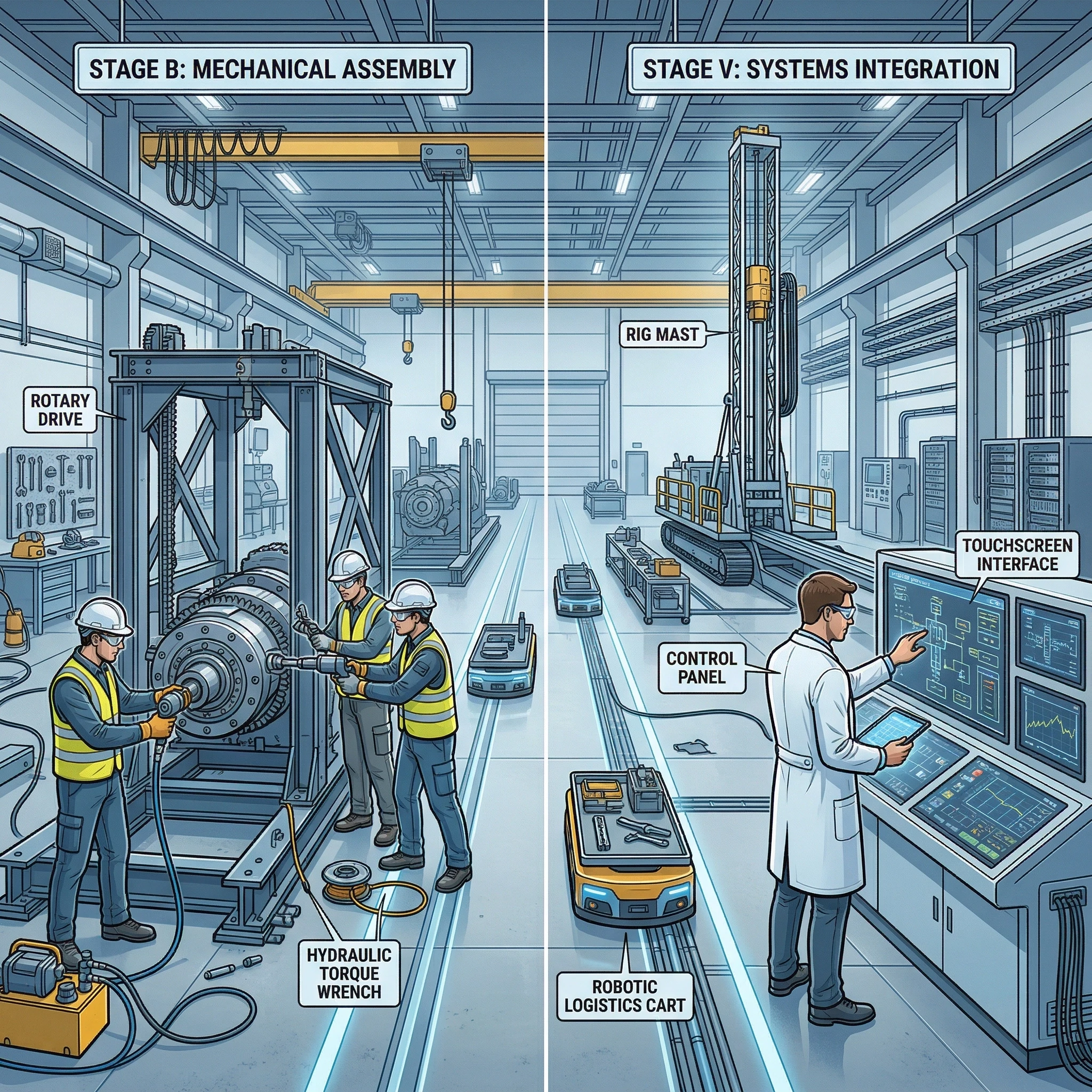 **"A split-view illustration showing two phases of drilling rig assembly in the same modern factory. On the LEFT: the mechanical assembly phase (Stage B) – workers bolt a…