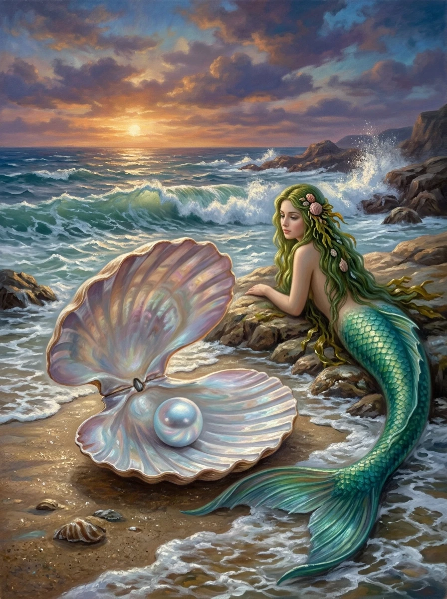 A real masterpiece. How an artificial intelligence would depict: (The image is made using the oil painting technique. A small mother-of-pearl seashell with a pearl inside, and…