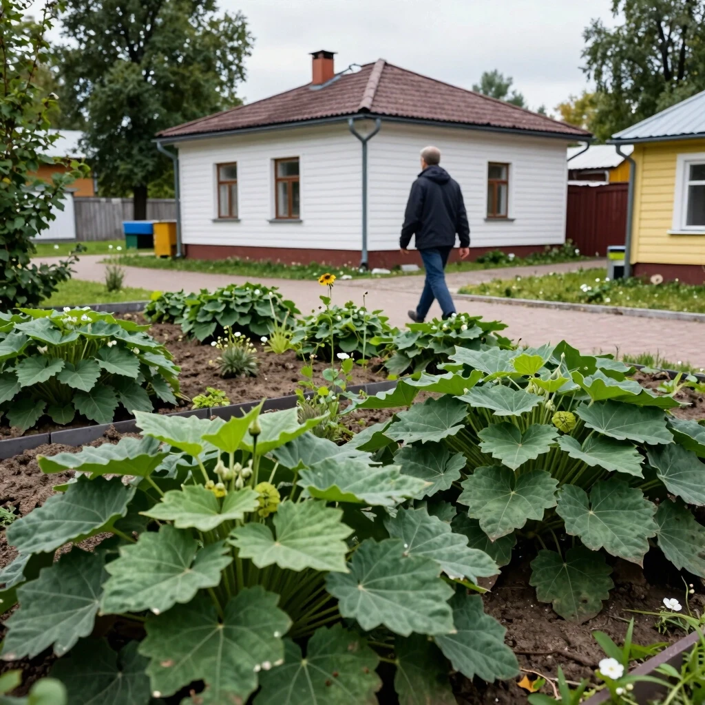 A man walks around the dacha and looks at the plot overgrown with goosefoot — работа пользователя Эмоциональная Трансмутация