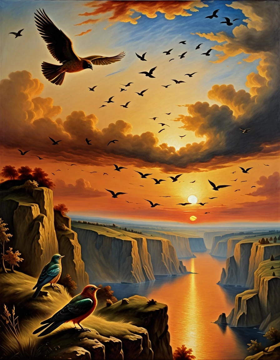 A masterpiece. Oil painting. A sunset landscape with birds in the distance. Increased attention to small details. Close-up. Danish angle. Octave filter. High resolution. 8K.…