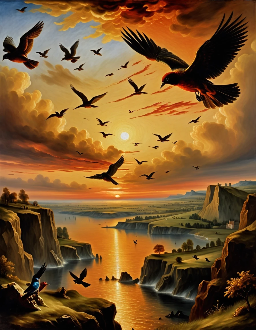 A masterpiece. Oil painting. A sunset landscape with birds in the distance. Increased attention to small details. Close-up. Danish angle. Octave filter. High resolution. 8K.…