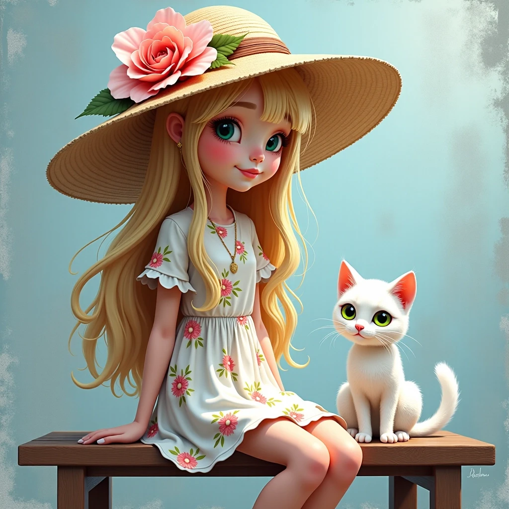 The image is a digital art piece that features a young woman with long blonde hair and a large straw hat with a large flower on top. She is wearing a white dress with a floral…