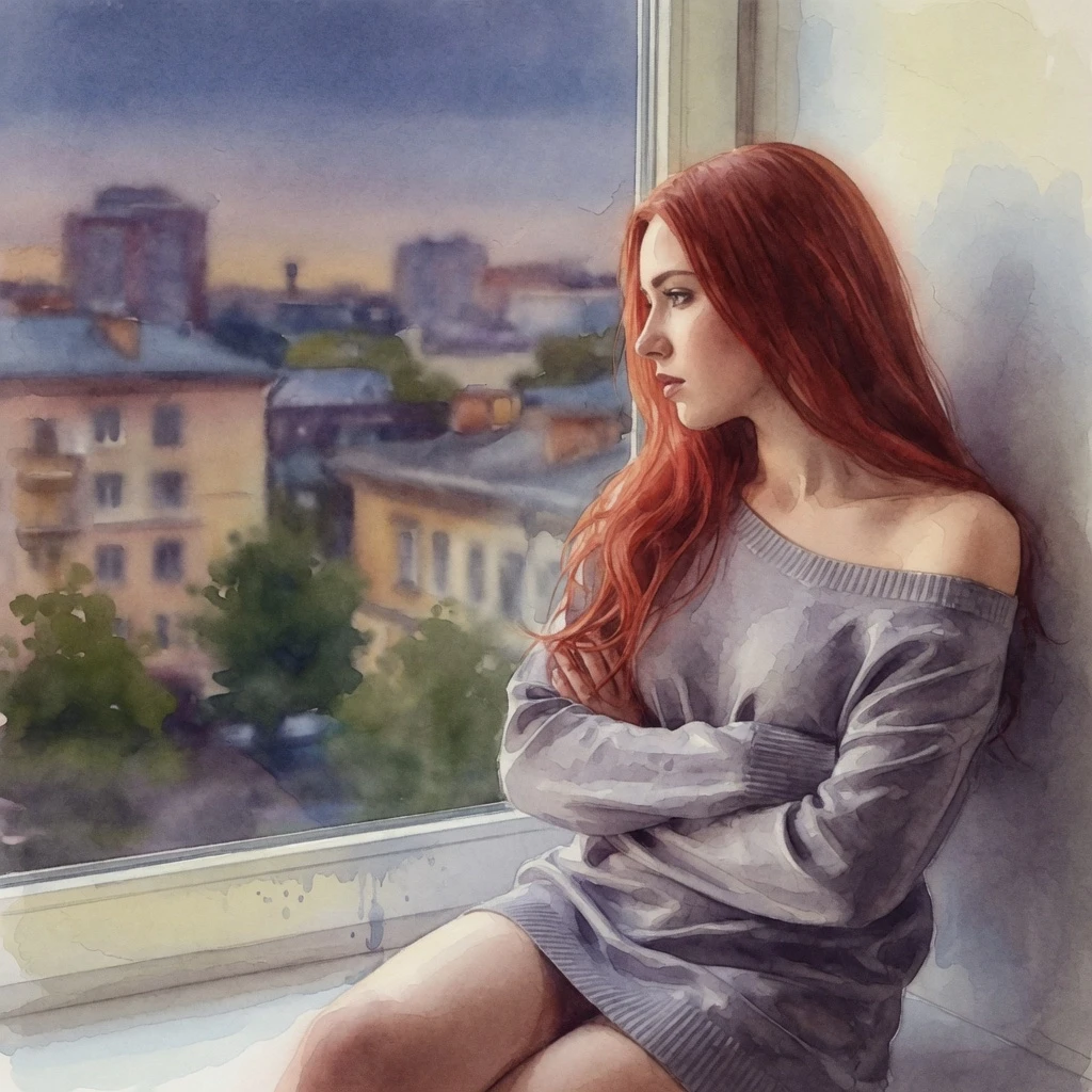 The image is a portrait of a young woman with long red hair. She is sitting on a window sill, looking out with a thoughtful expression on her face. The woman is wearing a gray…