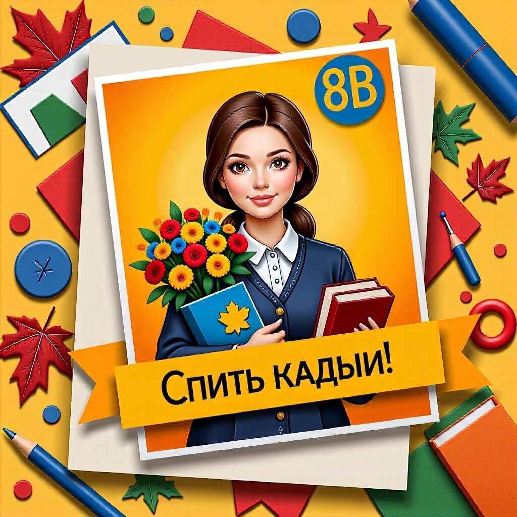Поздравительная открытка ко Дню учителя, красивая учительница с цветами и книгами, яркий фон с осенними листьями и школьными принадлежностями, праздничный стиль, высокая…