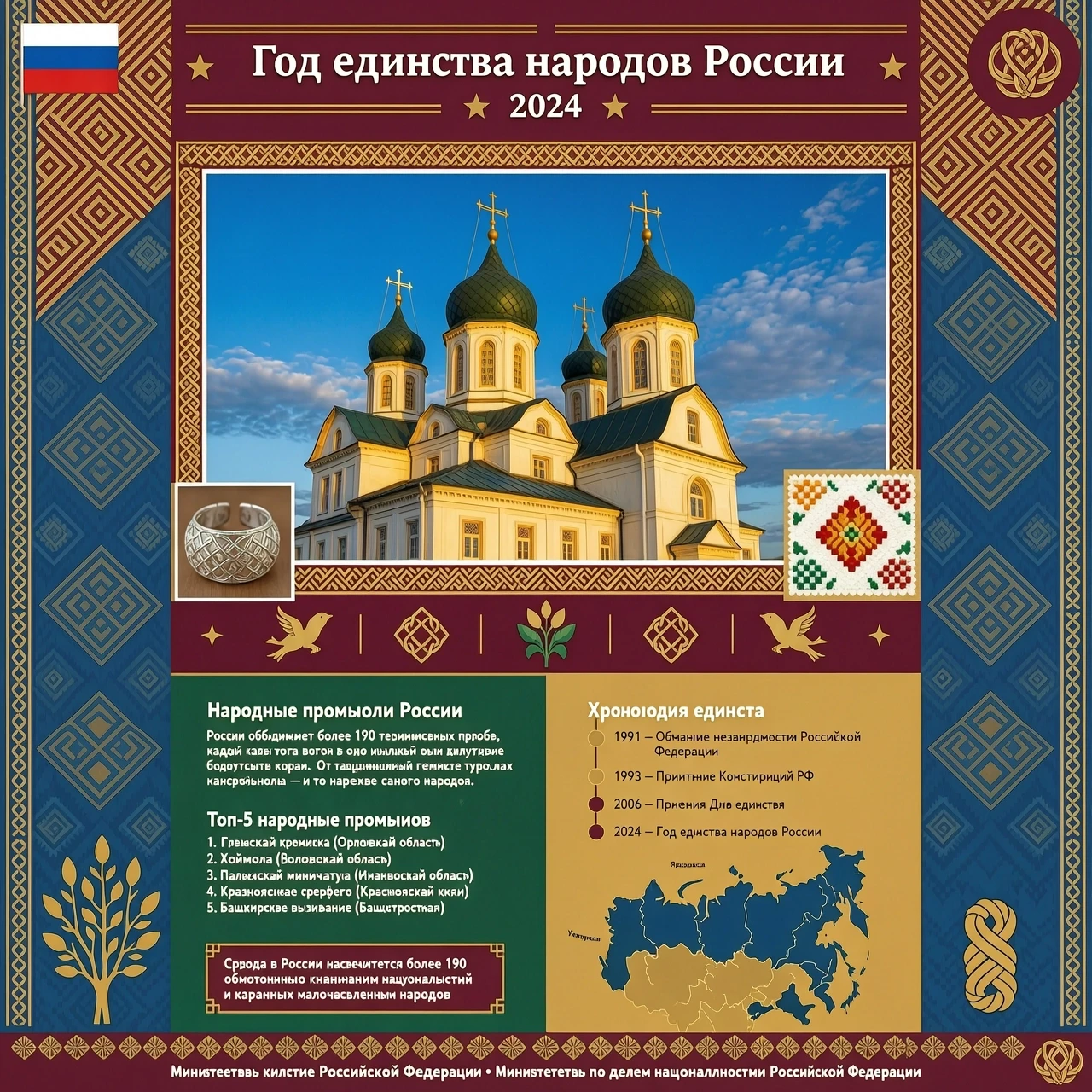 Стилистика «Год единства народов России» для слайдов подразумевает использование теплых природных цветов (охра, бордовый, глубокий синий, изумрудный), этнических орнаментов в…