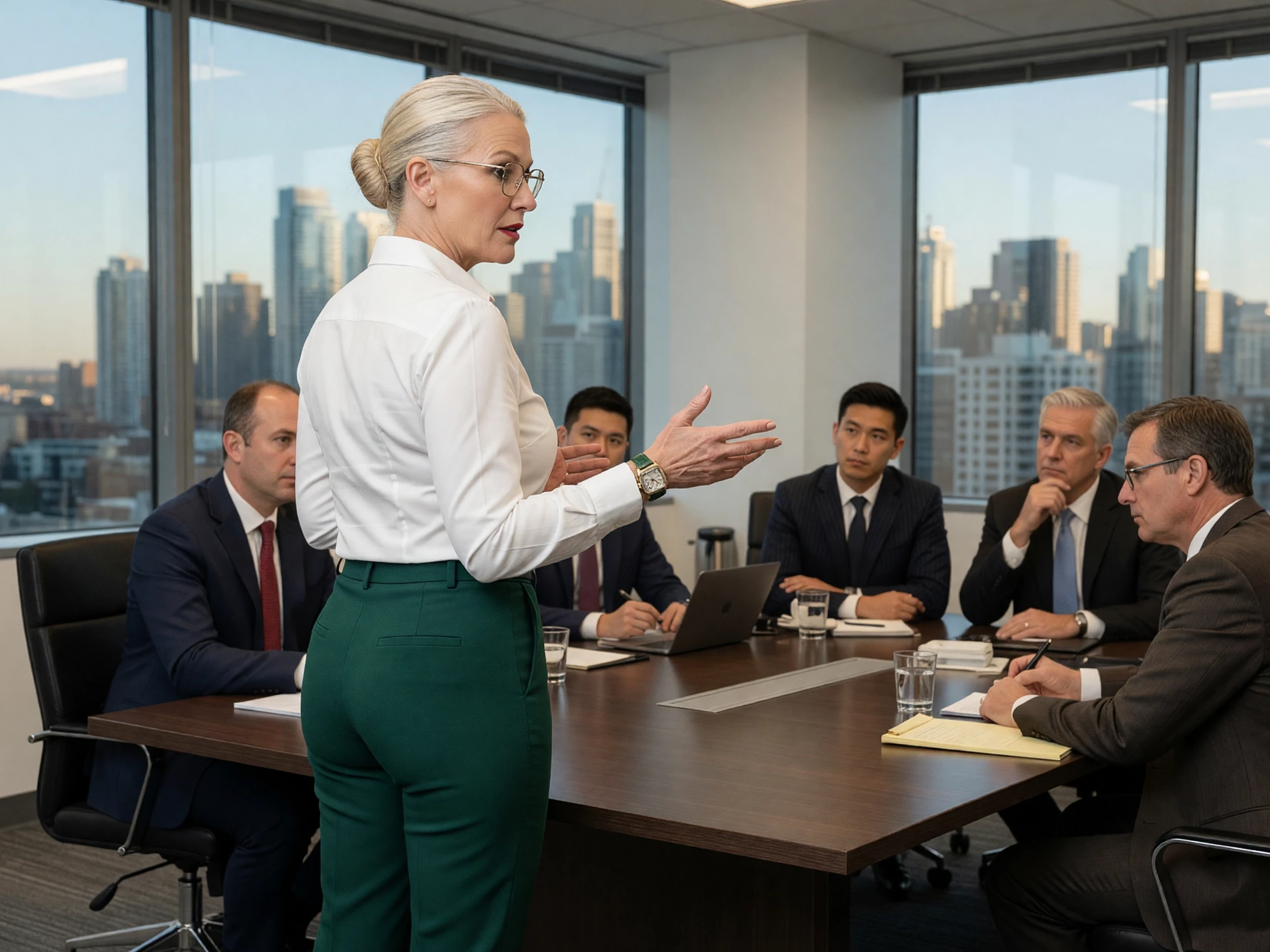 Realistic high quality photo. A beautiful 50-year-old blonde woman executive with wide hips, her hair pulled back into a bun, and a luxury watch on her hand, poses with her back…