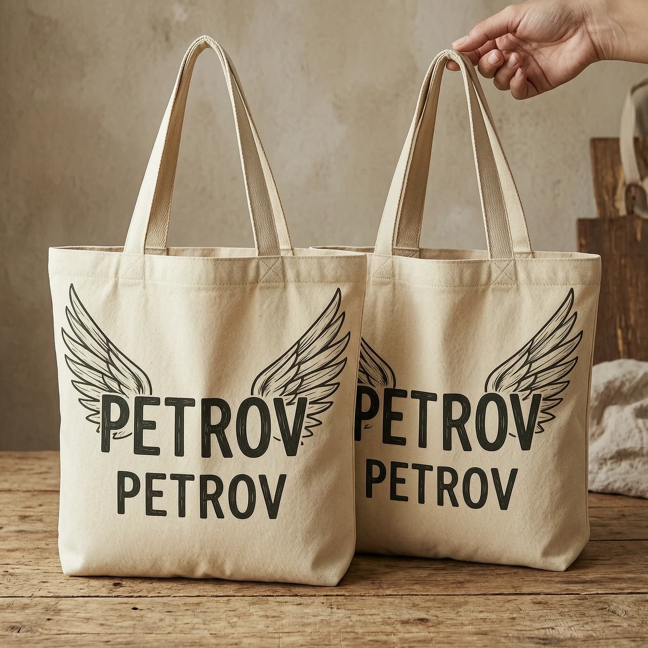 шопперы с рисунком крыльев и надписью PETROV — работа пользователя Оригинальная Искра