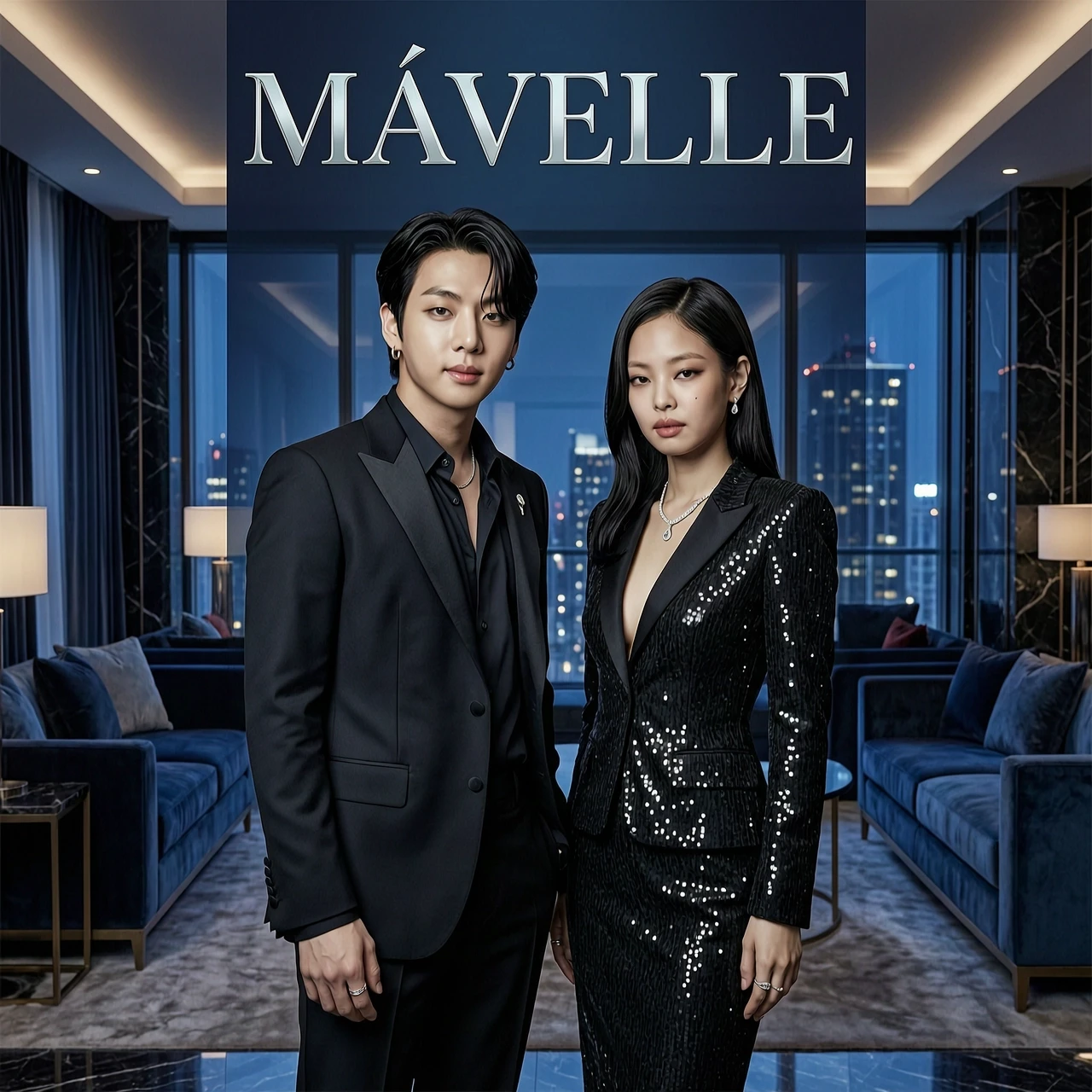 Cinematic luxury fanfiction cover for a story titled “MÁVELLE”, featuring Jeon Jungkook of BTS and Jennie Kim of BLACKPINK together. Create an ultra-realistic, photorealistic…