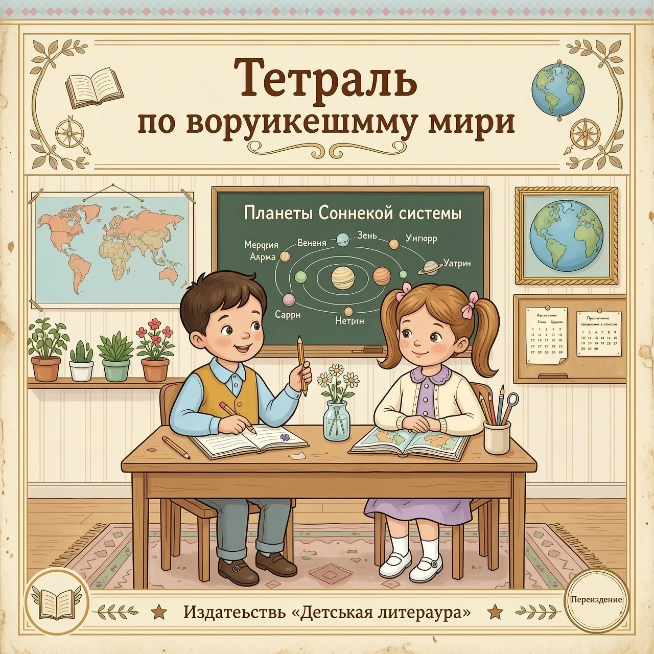 Картинка в винтажном стиле в пастельных тонах . Вверху картинки надпись: Тетрадь по окружающему миру . В центре картинки мальчик и девочка сидят за партой. — работа пользователя…