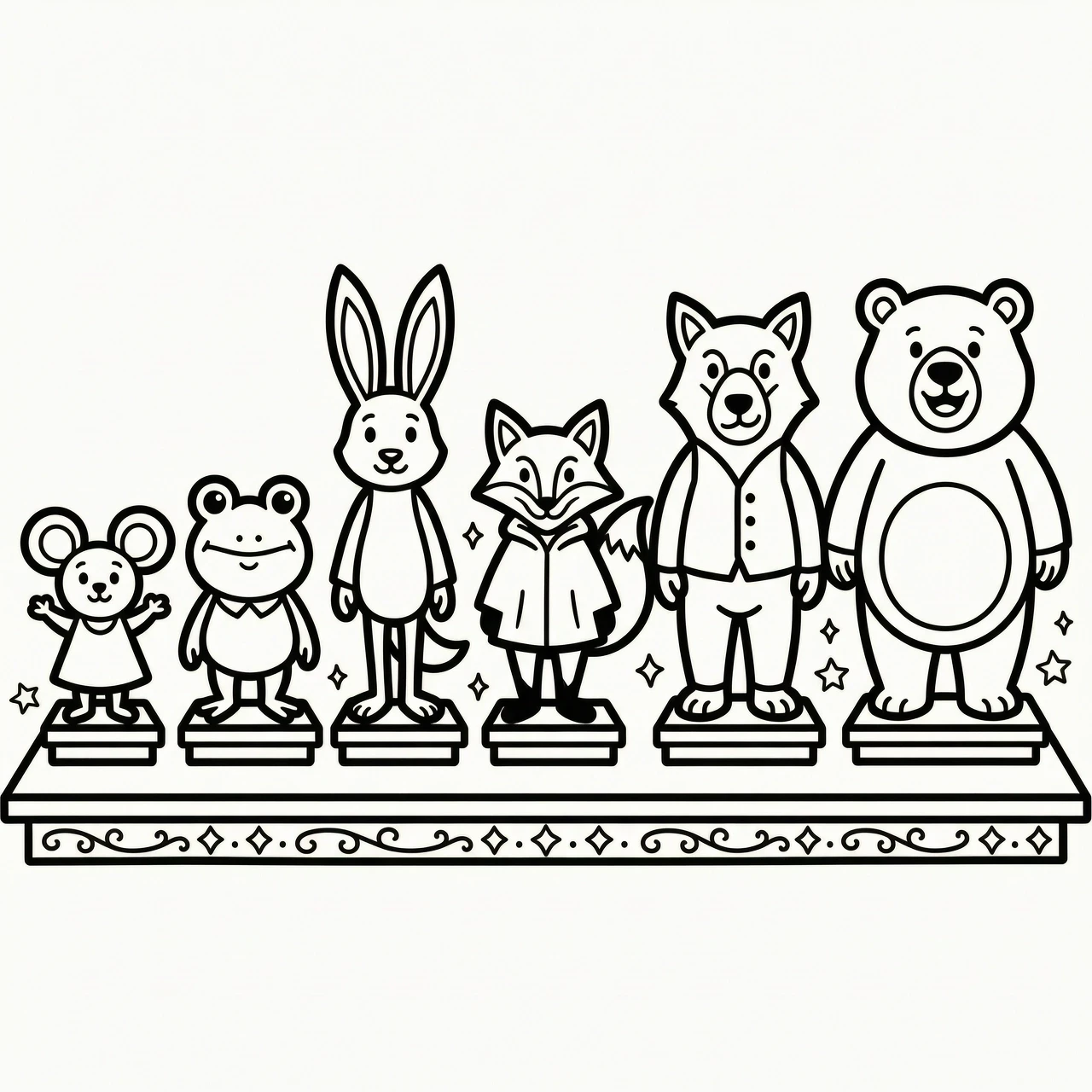 Printable black and white outline drawing, coloring page for children. Fairy tale characters "Teremok" standing on a flat stage floor. Full-body view. Simple doodle…