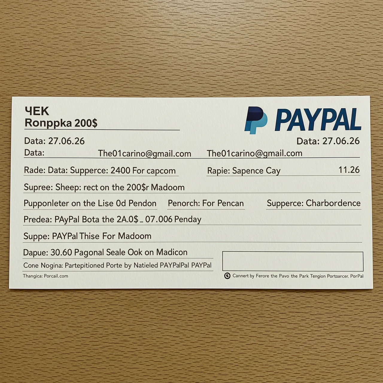 Сгенерурий чек об отправке 200$ через PayPal по почте The01carino@gmail.com Чек на английском языке, дата 27.06.26, сделай так, чтобы все было как настоящий чек — работа…