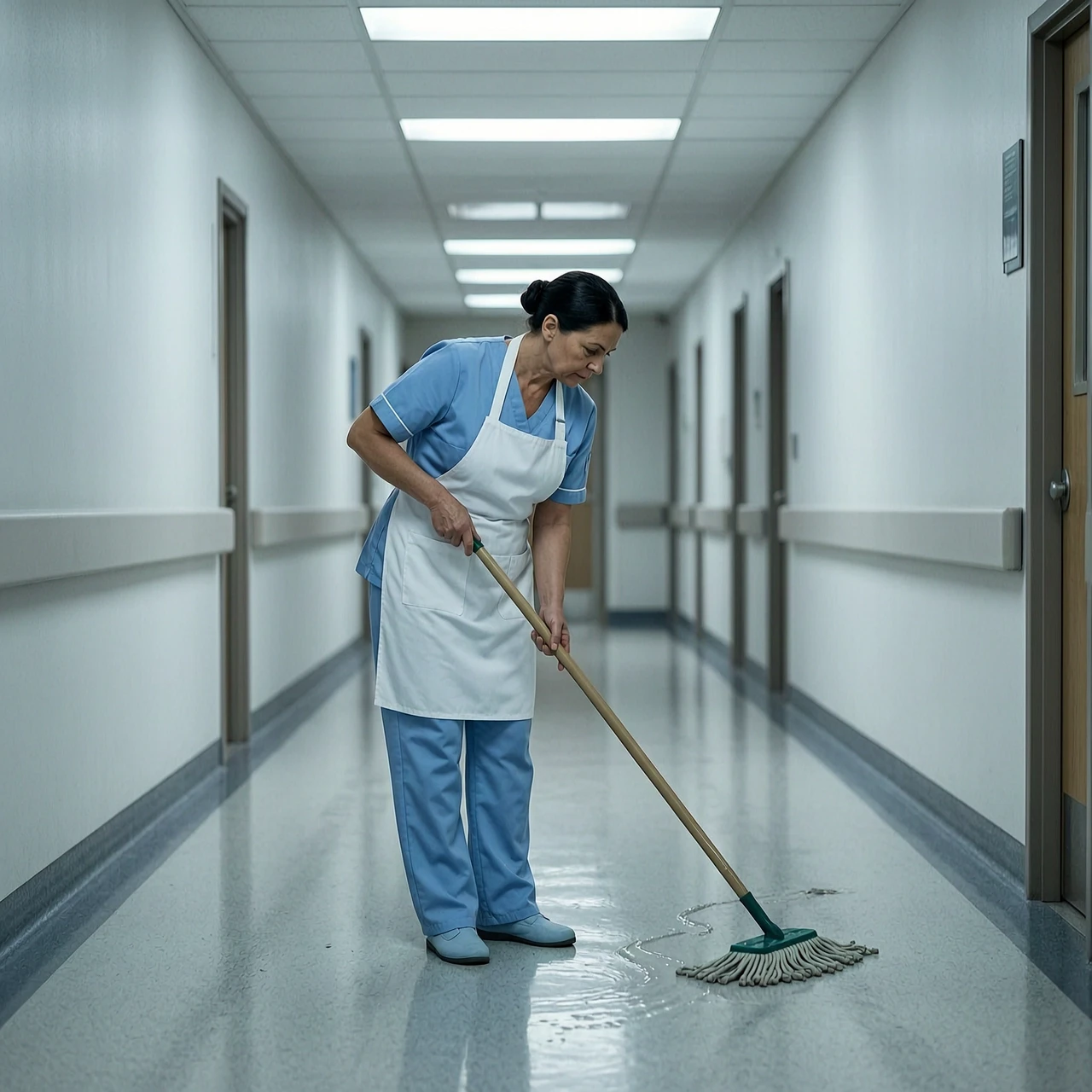 A cleaning lady in a hospital corridor, wearing a medical orderly uniform (light blue scrub suit and white apron), holding a mop, mopping the floor. Long empty hospital hallway…