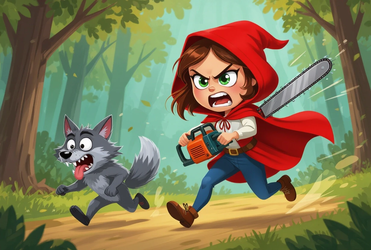 Humorous cartoon caricature style, Little Red Riding Hood with angry furious expression, wearing classic red hooded cloak, running aggressively and chasing the Big Bad Grey…
