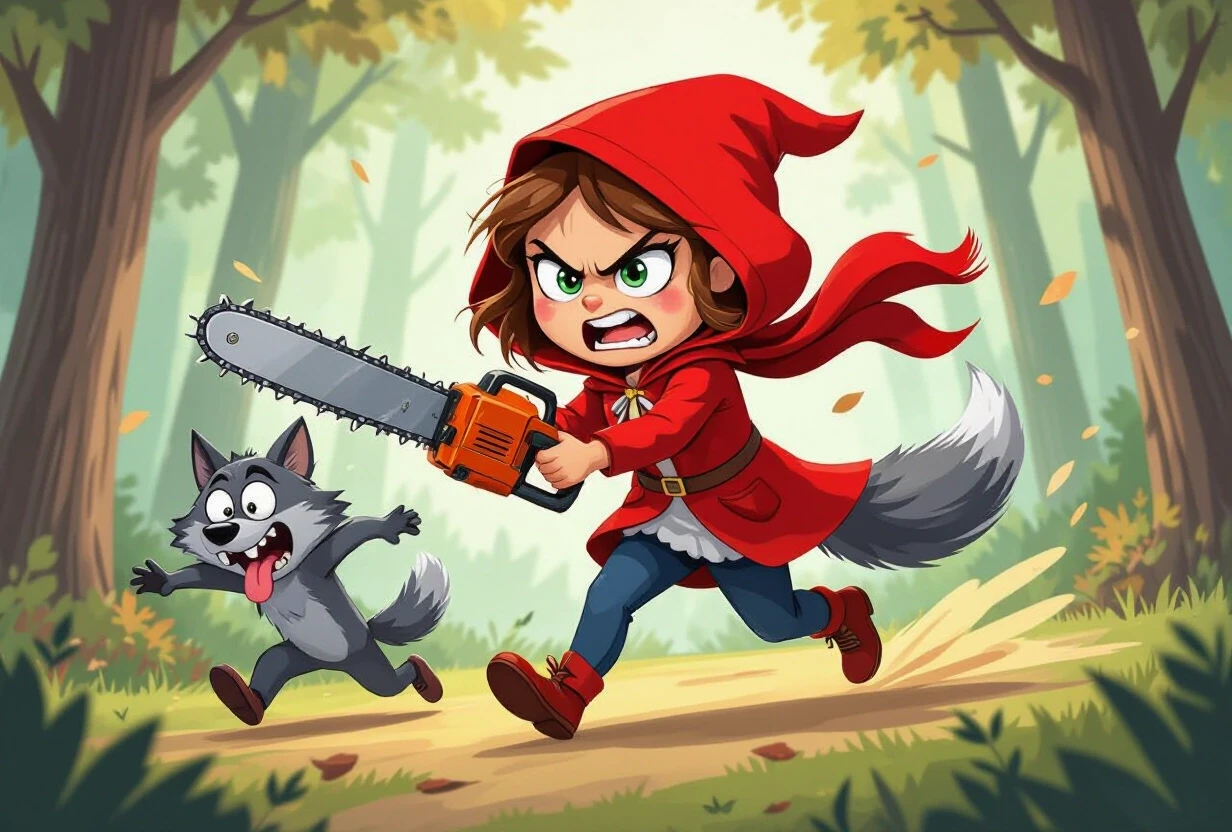 Humorous cartoon caricature style, Little Red Riding Hood with angry furious expression, wearing classic red hooded cloak, running aggressively and chasing the Big Bad Grey…